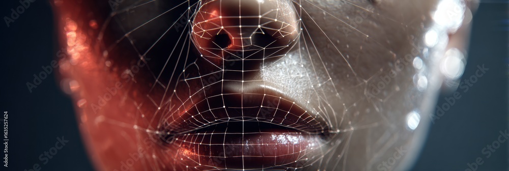 Poster symmetry scanner analyzes jawline in a clean, futuristic environment with a grid overlay for precisi