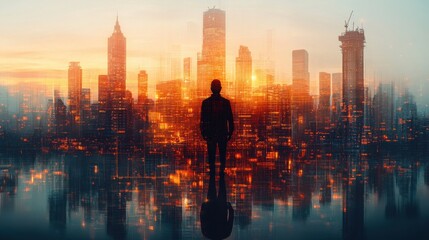 Man Silhouette Facing Illuminated Cityscape