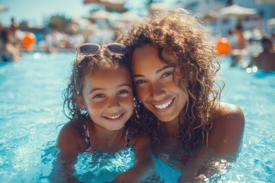 Joyful mixed race mother and daughter enjoying a sunny pool