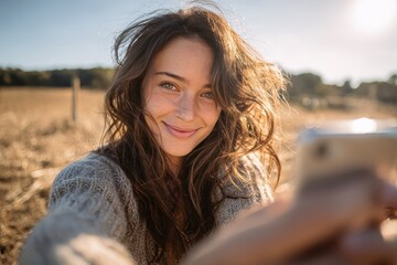 Joyful young brunette woman taking a selfie with her phone