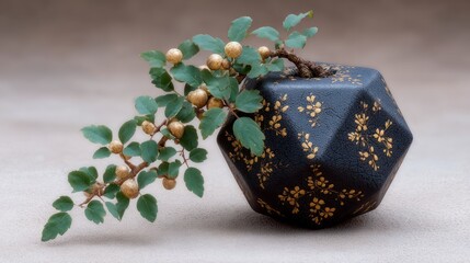Dark geometric vase with gold floral patterns holds a branch with green leaves and golden berries