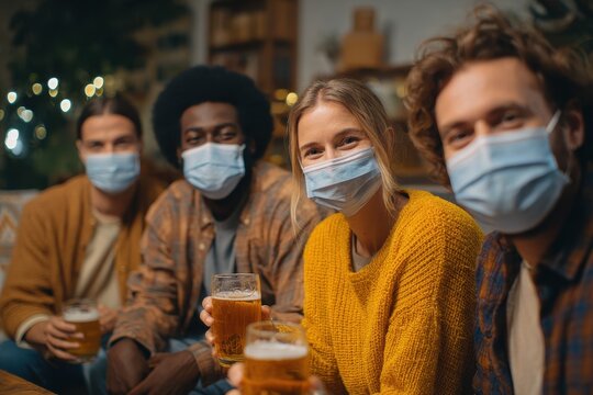 Diverse friends wearing masks drink beer at a socially distanced gathering in a living room during the pandemic