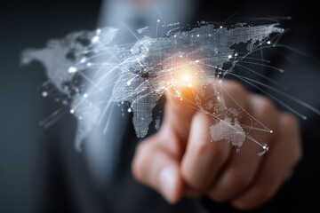 Businessperson transferring digital files and data globally through a computer network by tapping a touchscreen