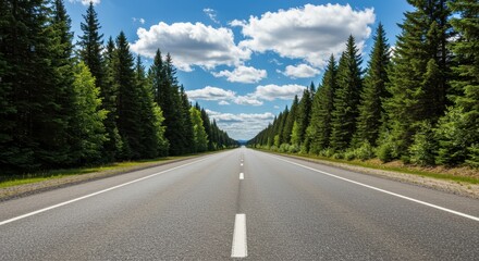 Naklejka premium Straight asphalt road through a green forest under a blue sky
