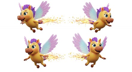 Naklejka premium Four cartoon flying unicorns