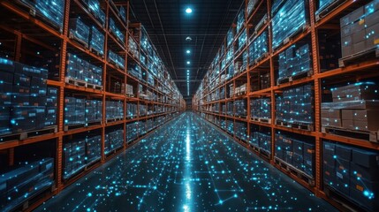 Warehouse Interior with Shelves, Boxes, and Digital Overlay