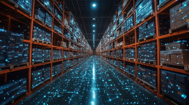 Warehouse Interior with Shelves, Boxes, and Digital Overlay