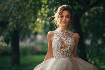 Lovely young bride in a stunning wedding gown strolling through the park