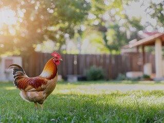 Fototapeta premium Rooster standing on green grass in sunlight in the farmyard