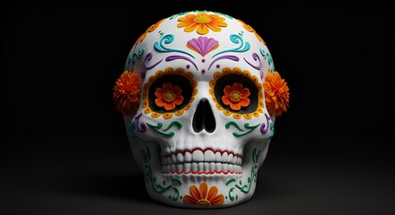 Ornate sugar skull with vibrant floral decorations set against a dark, dramatic background.