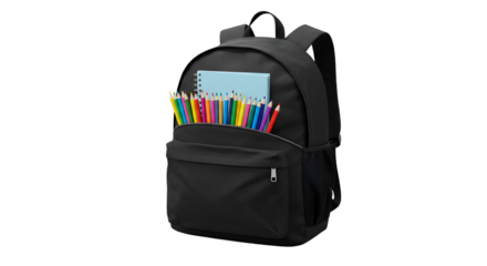 Black backpack filled with colorful pencils and a blue notebook isolated on white background perfect for school and education themes