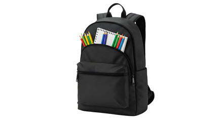 Naklejka premium Black school backpack filled with colorful pencils and notebook isolated on white background, perfect for back to school or education themes