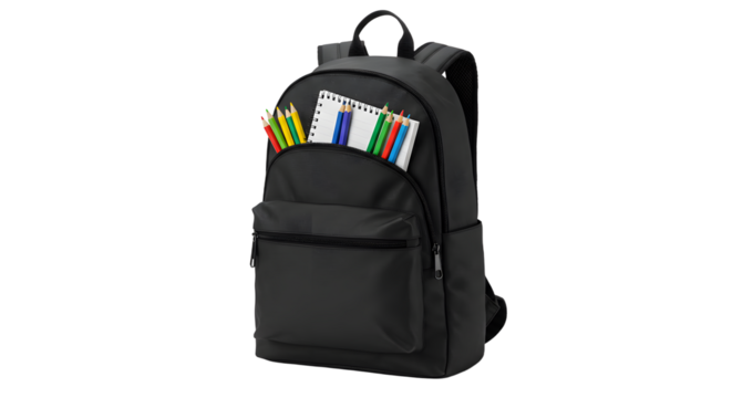 Black school backpack filled with colorful pencils and notebook isolated on white background, perfect for back to school or education themes
