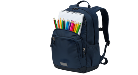 Blue school backpack filled with colored pencils and sketchbook isolated on white background, perfect for students and artists