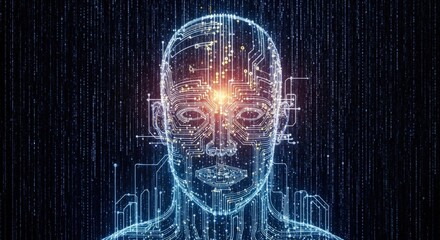 A futuristic digital head made of glowing circuits and data streams, with a bright light emanating from its brain.