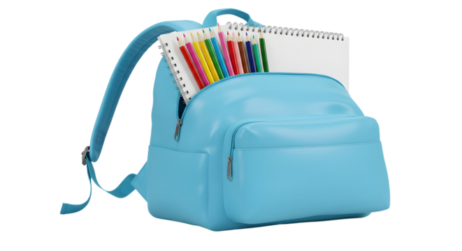 Blue school backpack filled with colored pencils and a sketchpad isolated on white background, ideal for back to school and art supplies concept