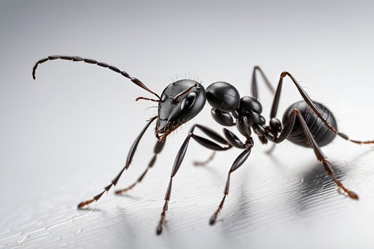 Detailed, close-up view of a black ant showing its exoskeleton, legs, and antennae in stark light.
