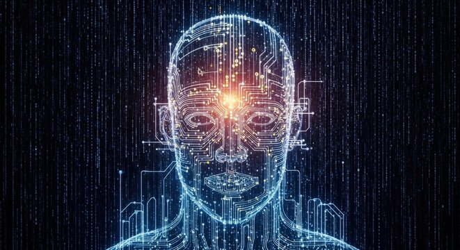A futuristic digital head made of glowing circuits and data streams, with a bright light emanating from its brain. - Powered by Adobe