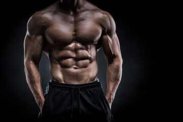 Fototapeta premium Muscular male bodybuilder in black pants on a dark backdrop