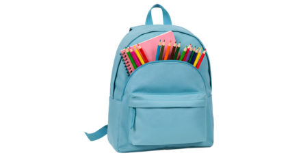 Light blue backpack filled with colorful pencils, ideal for school, study, or creative projects