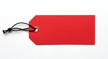 Vivid crimson tag on a clean white background, showcasing simple design and retail concept, flat lay