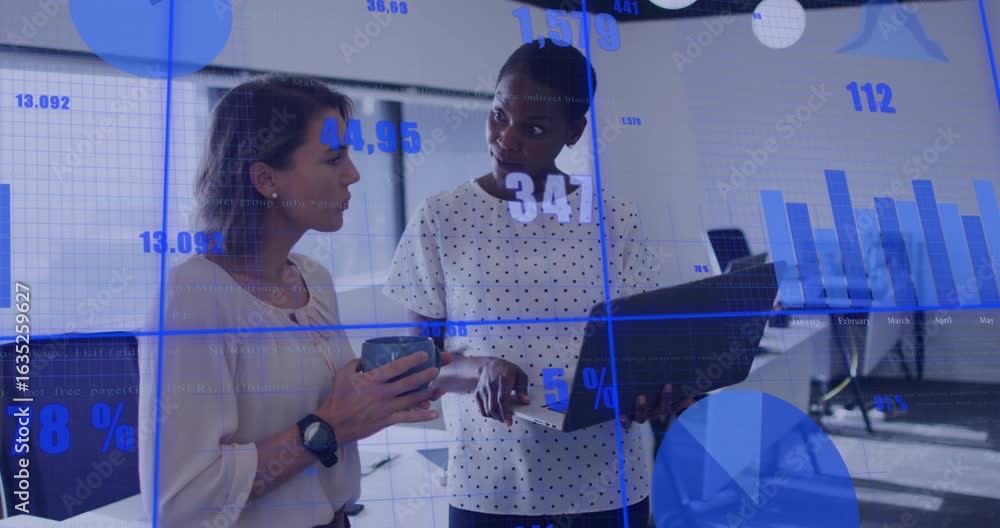 Poster two colleagues analyzing data and tapping laptop as animated charts appearing on screen