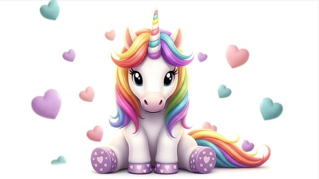 Adorable Cartoon Unicorn with Rainbow Mane and Hearts