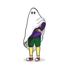 Cartoon Kid in Ghost Costume Halloween Illustration
