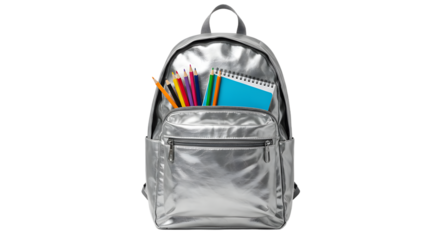 Silver backpack filled with colorful pencils and a blue notebook isolated on white background, perfect for school and office use