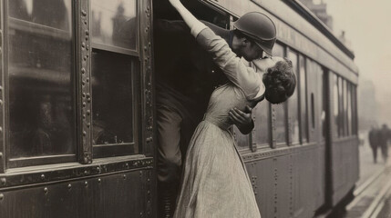 
Vintage sepia photo of a soldier saying goodbye to his girlfriend at a train station. She hangs from the carriage for one last kiss before leaving for war. Ideal for nostalgia, love, and history.