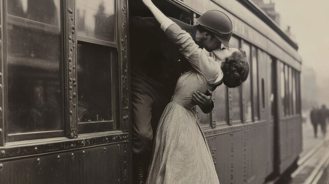 
Vintage sepia photo of a soldier saying goodbye to his girlfriend at a train station. She hangs from the carriage for one last kiss before leaving for war. Ideal for nostalgia, love, and history.