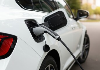 Fototapeta premium Closeup of an electric car charging at a station