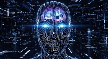 Digital rendering of a human head with exposed circuitry and a glowing brain, set against a futuristic, abstract background.
