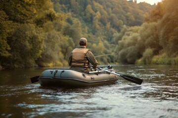 Person in inflatable fishing boat on river seen from behind