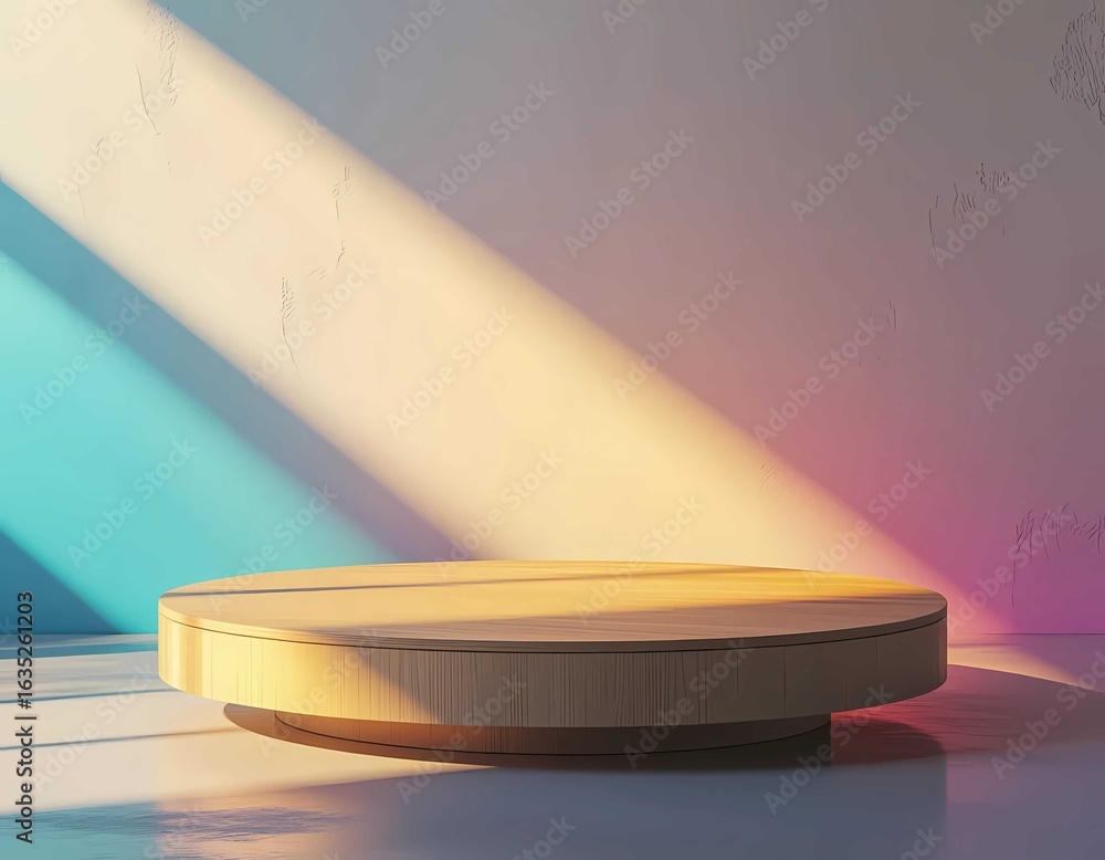 Poster minimal studio scene with soft lighting and round wooden platform