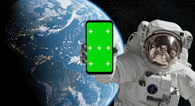 Astronaut holding a green screen phone in front of earth