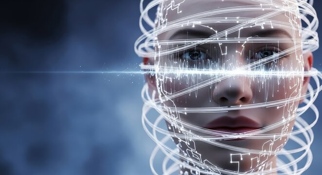 Woman's face digitally entwined with glowing data streams and circuits.