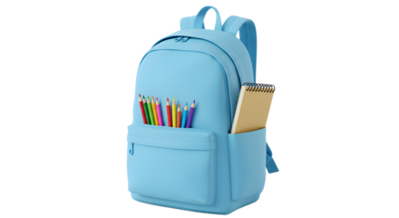 Blue backpack filled with colorful pencils and a notepad, school supplies for students and creative projects