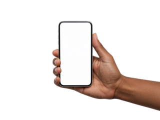 Close up of a person s hand holding a modern smartphone with a blank gray screen isolated on transparent background
