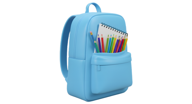 Blue school backpack filled with colored pencils and notebook isolated on black background, perfect for back to school or student supplies