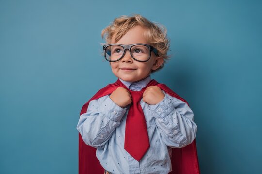 Young superhero student in uniform Joyful kid with glasses prepared for learning Success and motivation theme Back to school Young businessman hero