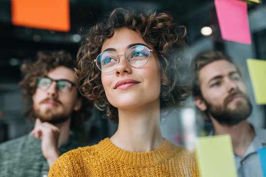 Young entrepreneur with teammates brainstorming ideas on sticky notes attached to a glass wall
