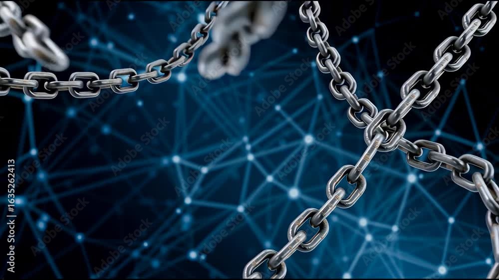 Aufkleber metal chain link close up with digital network background symbolizing strong connection security tec