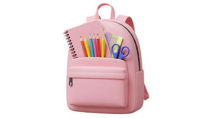 Pink school backpack filled with stationery items including colored pencils, scissors, ruler, and notebook, perfect for students and back to school
