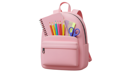 Pink school backpack filled with stationery items including colored pencils, scissors, ruler, and notebook, perfect for students and back to school