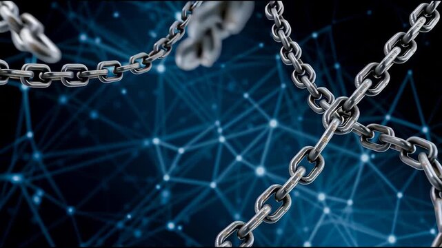 Metal chain link close up with digital network background symbolizing strong connection security technology steel and broken rusty metal chain link showing vulnerability disconnection digital network