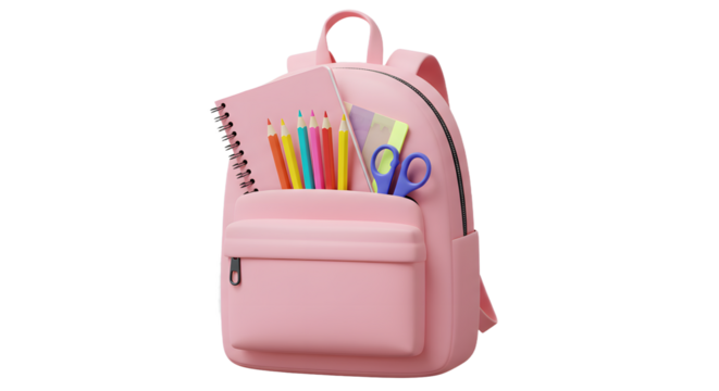 Pink school backpack filled with stationery items including colored pencils, scissors, ruler, and notebook, perfect for students and back to school