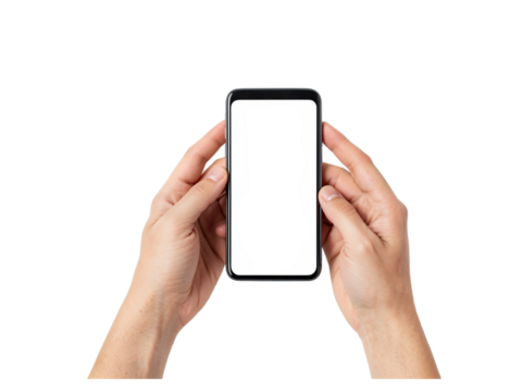 Person s hands holding a modern smartphone with a blank white screen for copyspace isolated on transparent background