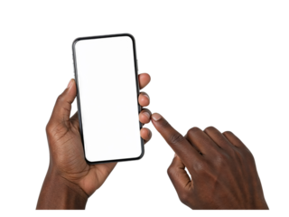 Close up of a person s hands holding and touching a modern smartphone with a blank screen isolated on transparent background