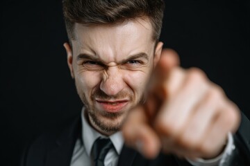 Young furious businessman in a black suit gesturing at the camera against a dark backdrop